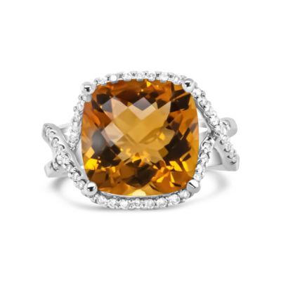 Haus Of Brilliance 14K White Gold 12Mm Cushion Cut Yellow Citrine Gemstone And 1/3 Cttw Round Pave-Set Diamond Ring - (H-I Color, Vs1-Vs2 Clarity)-