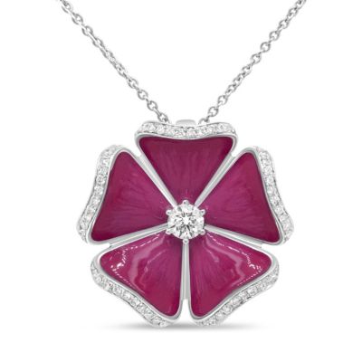 Haus Of Brilliance 18K White Gold Red Enamel 1/2 Cttw Round Diamond Flower Blossom 18"" Pendant Necklace (G-H Color, Si1-Si2 Clarity)