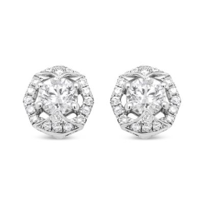 Haus Of Brilliance 18K White Gold 3/4 Cttw Round Diamond Openwork Hexagonal Halo Stud Earring (F-G Color, Si2-I1 Clarity)
