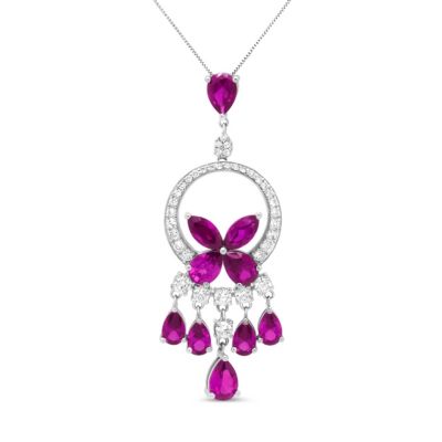 Haus Of Brilliance 18K White Gold 1.00 Cttw Round Diamond And Red Ruby Openwork Floral Chandelier Drop 18"" Pendant Necklace (F-G Color, Si1-Si2