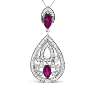 Haus Of Brilliance 18K White Gold 1.00 Cttw Round Diamond And 8.5 X 4.5Mm Marquise Ruby Openwork Teardrop Dangle 18"" Pendant Necklace (G-H Color