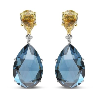 Haus Of Brilliance 18K White And Yellow Gold 1/5 Cttw Diamond With Pear Cut Lemon Quartz And Pear Cut London Blue Topaz Gemstone Dangle Earring (G-H