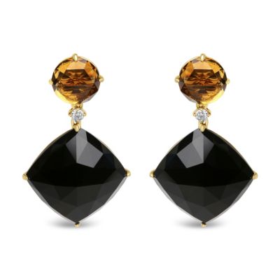 Haus Of Brilliance 18K Yellow Gold 1/5 Cttw Diamond With Round Yellow Citrine And Cushion Cut Black Onyx Gemstone Dangle Earring (G-H Color, Si1-Si2