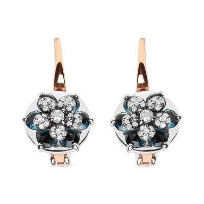 Haus Of Brilliance 18K Rose And White Gold 1/3 Cttw Round Diamonds And Round London Blue Topaz Gemstone Cluster Floral Drop Hoop Earrings (G-H Color