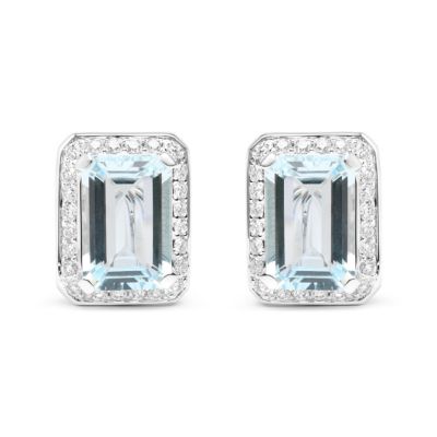 Haus Of Brilliance 18K White Gold 3/4 Cttw Round Diamond And 13X9Mm Emerald Cut Blue Aquamarine Gemstone Halo Omega Stud Earrings (G-H Color, Si1-Si2