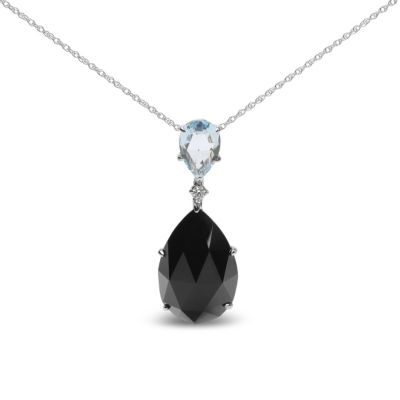 Haus Of Brilliance 18K White Gold Diamond Accent And Pear Cut Sky Blue Topaz And Pear Cut Black Onyx Dangle Drop 18"" Pendant Necklace (G-H Color