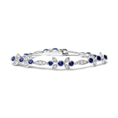Haus Of Brilliance 18K White Gold 1 3/4 Cttw Diamond And 3X3Mm Round Blue Sapphire Gemstone Floral Link Bracelet (G-H Color, Si1-Si2 Clarity) - Size