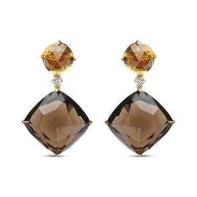 Haus Of Brilliance 18K Yellow Gold 1/5 Cttw Diamond With Round Yellow Citrine And 25Mm Cushion Cut Smoky Quartz Gemstone Dangle Earring (G-H Color