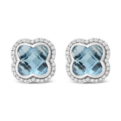 Haus Of Brilliance 18K White Gold 3/8 Cttw Diamond And 11X11Mm Clover-Cut London Blue Topaz Gemstone Halo Clover Stud Earrings (G-H Color, Si1-Si2