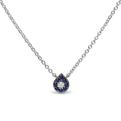 Haus Of Brilliance 18K White Gold Diamond Accent And 1Mm Round Blue Sapphire Gemstone Halo Teardrop Pendant Necklace (G-H Color, Si1-Si2 Clarity)