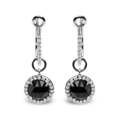 Haus Of Brilliance 18K White Gold 1/3 Cttw Diamond And 7Mm Round Black Onyx Gemstone Halo Dangle Hoop Earrings (G-H Color, Si1-Si2 Clarity)