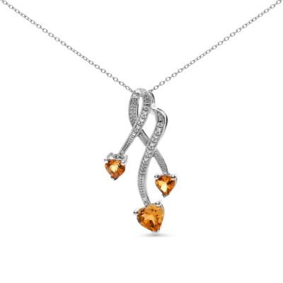 Haus Of Brilliance Women's .925 Sterling Silver 3-Stone Heart Shape Citrine & Diamond Accent Drop Pendant Necklace