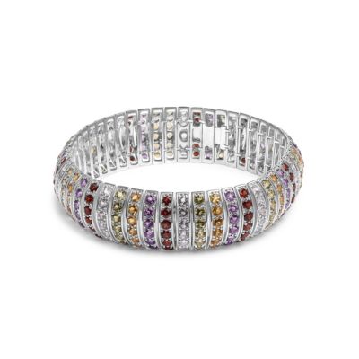 Haus Of Brilliance Lab Created Women's .925 Sterling Silver Multi Row Rainbow Gemstone Bangle Bracelet - 7.5"" Inches
