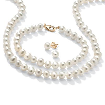 Palmbeach Jewelry Genuine Cultured Freshwater Pearl 3-Piece Set 14K Gold Over .925 Sterling Silver