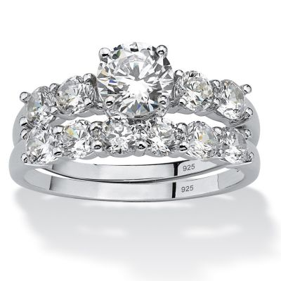 Palmbeach Jewelry 2.50 Tcw Cubic Zirconia Platinum Over .925 Sterling Silver Wedding Band Set
