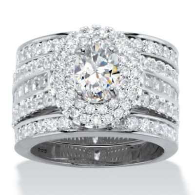 Palmbeach Jewelry 3.54 Cttw. Oval Cz Platinum Over Silver 3-Piece Double Halo Wedding Ring Set