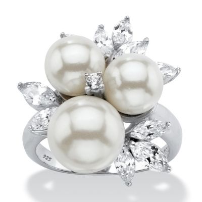 Palmbeach Jewelry 1.84 Tcw Simulated Pearl And Cz Platinum Over .925 Sterling Silver Cocktail Ring