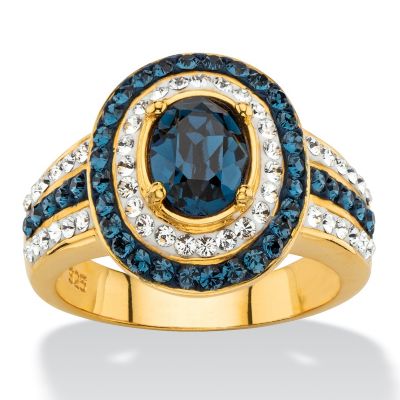 Palmbeach Jewelry Oval Cut Blue Made With Swarovski Elements Crystal Gold-Plated Silver Halo Ring