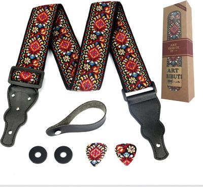Art Tribute Guitar Strap Embroidered Red Vintage Woven. For Bass, Electric & Acoustic Guitars