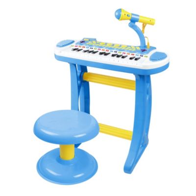 Qaba Kids Toy Keyboard Piano Toddler Electronic Instrument With Stool Microphone And Bright Flashlight For Children Birth Gift Blue