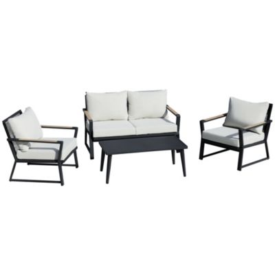 Outsunny 4 Piece Patio Furniture Set Aluminium Conversation Set Outdoor Garden Sofa Set W/ Widened Armchairs Loveseat Center Coffee Table And