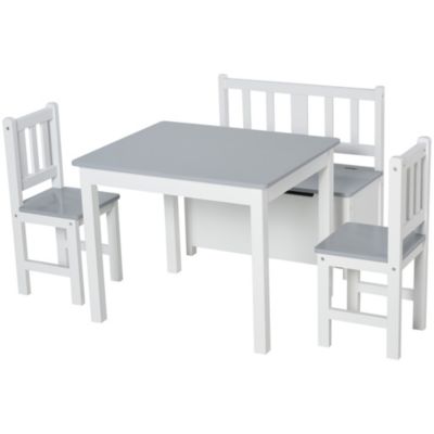 Qaba 4 Piece Kids Table Set With 2 Wooden Chairs 1 Storage Bench And Interesting Modern Design Grey/white