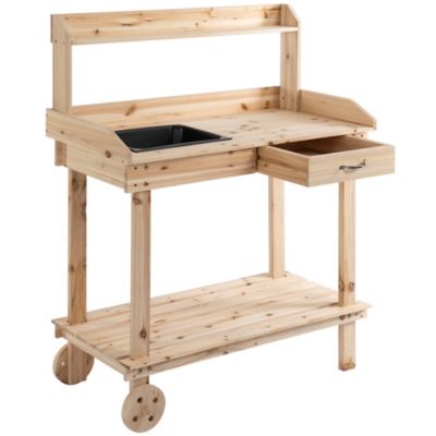 Outsunny 36'' Wooden Potting Bench Work Table With 2 Removable Wheels Sink Drawer And Large Storage Spaces Natural