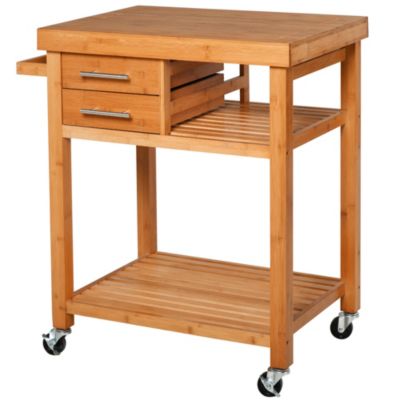 Homcom Bamboo Rolling Kitchen Island Trolley Utility Cart On Wheels 2 Storage Drawers And Open Storage Shelves With Towel Rack