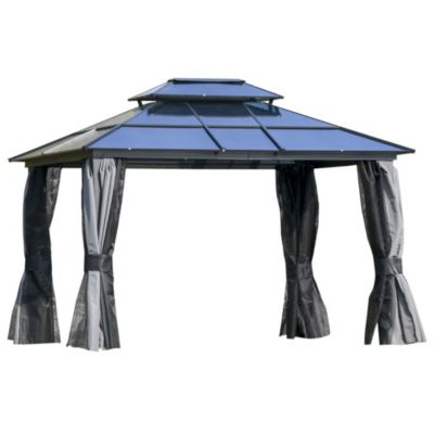 Outsunny 12' X 10' Polycarbonate Hardtop Patio Gazebo Canopy Outdoor Pavilion With Double Tier Roof Stable Steel Frame Curtains And Net Sidewalls