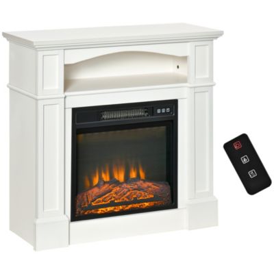 Homcom 32"" Electric Fireplace With Mantel Freestanding Heater With Led Log Flame Shelf And Remote Control 1400W White