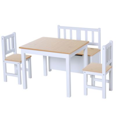 Qaba 4 Piece Kids Table Set With 2 Wooden Chairs 1 Storage Bench And Interesting Modern Design Natural/white