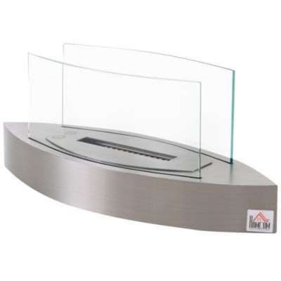 Homcom Portable Tabletop Ventless Bio Ethanol Fireplace With Glass Walls Stainless Steel Arc Base Silver