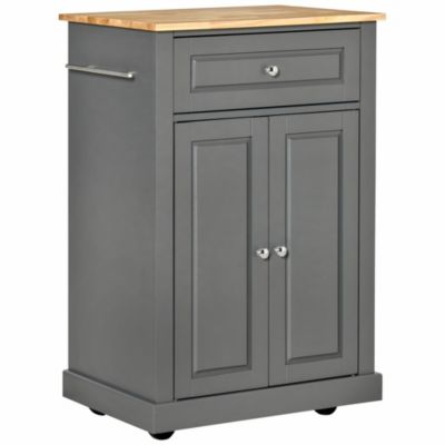 Homcom Rolling Kitchen Island Cart Portable Serving Trolley Table With Drawer Adjustable Shelf And 2 Towel Racks Grey