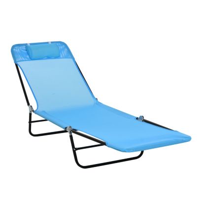 Outsunny Portable Sun Lounger Folding Chaise Lounge Chair W/ Adjustable Backrest And Pillow For Beach Poolside And Patio Blue And Black