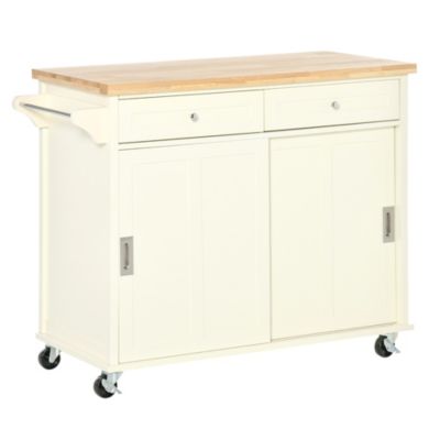 Homcom 43"" Rolling Kitchen Island Kitchen Storage Cart On Wheels With Sliding Doors Cabinet 2 Drawers And Towel Rack Cream White