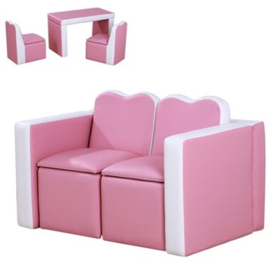 Qaba Kids Sofa Set 2 In 1 Multi Functional Toddler Table Chair Set 2 Seat Couch Storage Box Pink