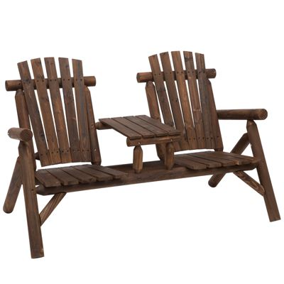 Outsunny Wood Adirondack Patio Chair Bench With Center Coffee Table Perfect For Lounging And Relaxing Outdoors Carbonized