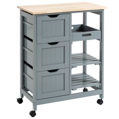 Homcom Rolling Kitchen Island Cart Bar Serving Cart Compact Trolley On Wheels With Wood Top Shelves And Drawers For Home Dining Area Grey