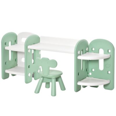 Qaba Kids Table And Chair Set Activity Desk With Bookshelf And Storage For Study Activities Arts Or Crafts Green And White