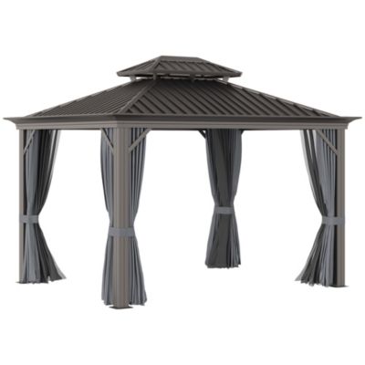 Outsunny 12' X 10' Hardtop Patio Gazebo Canopy Outdoor Pavilion With Galvanized Steel Frame Netting Sidewalls Curtains Charcoal Grey