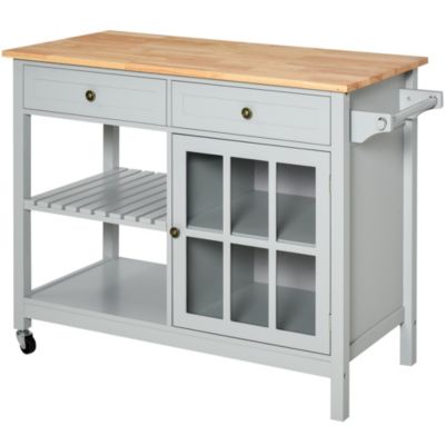 Homcom Kitchen Island Utility Storage Trolley Cart With Rubber Wood Top Towel Rack 2 Cabinets And Drawers For Dining Room Grey