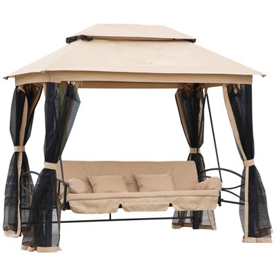 Outsunny 3 Person Outdoor Patio Chair Gazebo Swing With Double Tier Canopy Cushioned Seat Mesh Sidewalls Beige