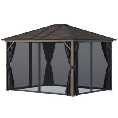 Outsunny 12' X 10' Outdoor Hardtop Canopy Patio Gazebo With Steel Roof Aluminum Frame Fully Enclosed Zippered Curtains And Breathable Netting