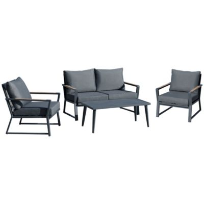 Outsunny 4 Piece Patio Furniture Set Aluminium Conversation Set Outdoor Garden Sofa Set W/ Widened Armchairs Loveseat Center Coffee Table And