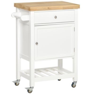 Homcom Utility Kitchen Cart Rolling Kitchen Island With Smooth Rubberwood Top Narrow Butcher Block Surface On Wheels With Storage Drawer And Cabinet