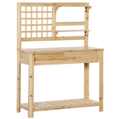 Outsunny Potting Bench Table Garden Work Bench Wooden Workstation With Tiers Of Shelves And Drawer For Patio Courtyards Balcony Natural