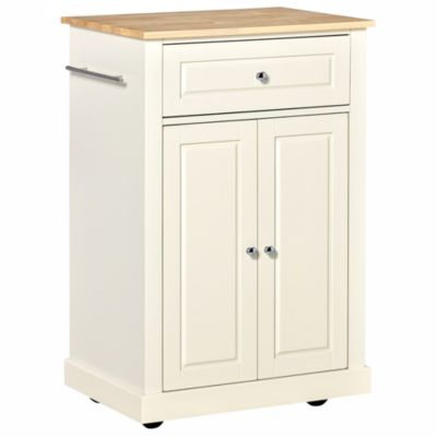 Homcom Rolling Kitchen Island Cart Portable Serving Trolley Table With Drawer Adjustable Shelf And 2 Towel Racks Cream White