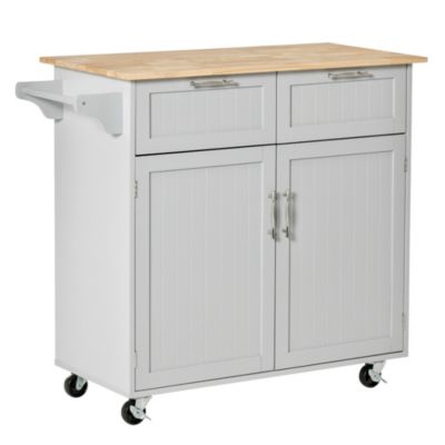 Homcom 41"" Modern Rolling Kitchen Island On Wheels Utility Cart Storage Trolley With Rubberwood Top And Drawers Grey