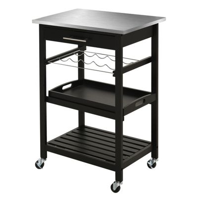 Homcom Kitchen Island Cart Rolling Trolley Utility Serving Cart With Stainless Steel Tabletop Wine Rack And Drawer