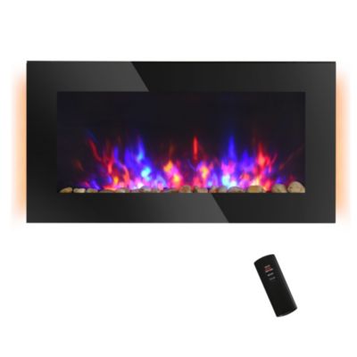 Homcom 36"" 1500W Electric Wall Mounted Fireplace With Flame Effect 7 Color Background Light And Side Light Black